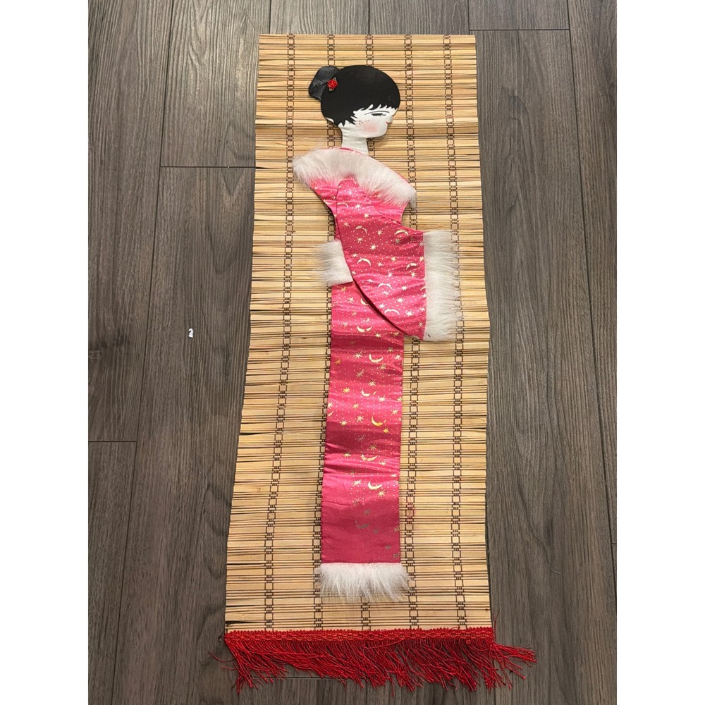 Vintage Japanese Geisha Bamboo Scroll Wall Hanging Pink Celestial Kimono Art